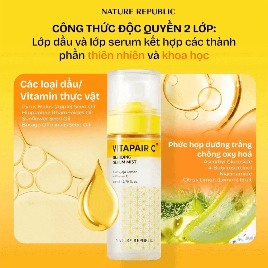 Serum Nature Republic dạng xịt khoáng 2 trong 1 dưỡng trắng căng bóng da Vitapair C Blending Serum Mist 80ml