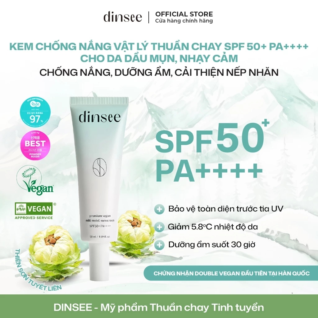 Kem chống nắng vật lý thuần chay Dinsee cho da dầu mụn nhạy cảm Premium Vegan Mild Moist Sunscreen SPF50+ PA++++ 50ml