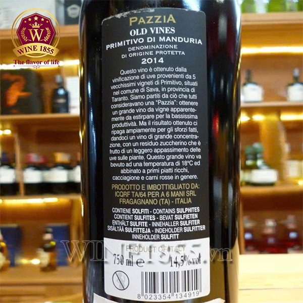 Rượu Vang Ý Pazzia Primitivo di Manduria