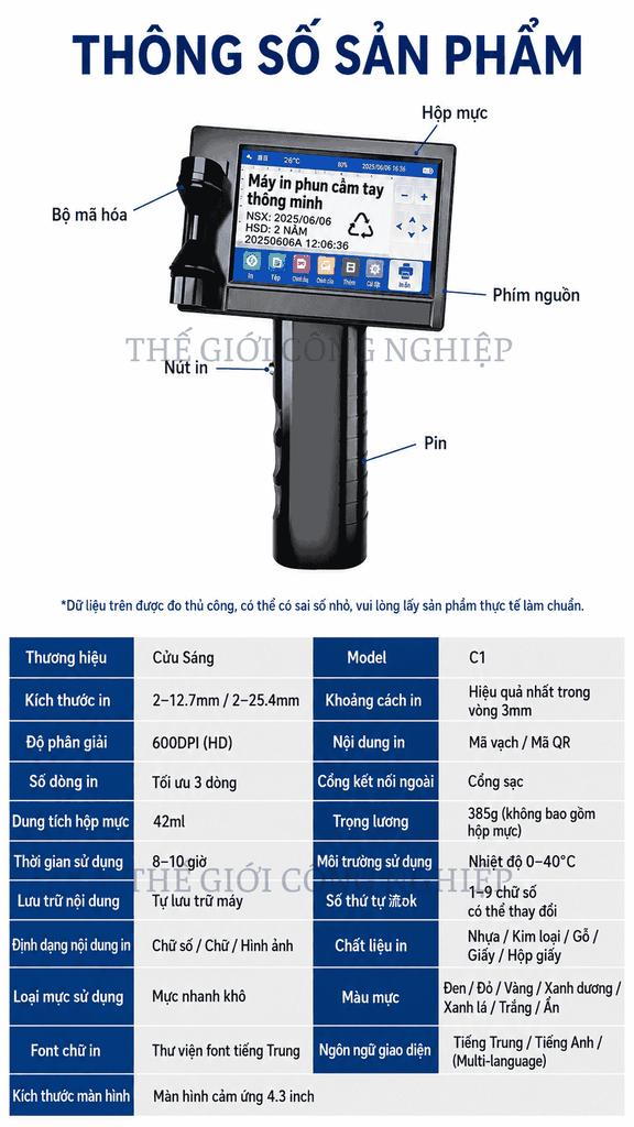 Máy In Phun Cầm Tay Jiuchuang C1 – Máy In Date, Số Lô, Mã QR, Nhãn Bao Bì