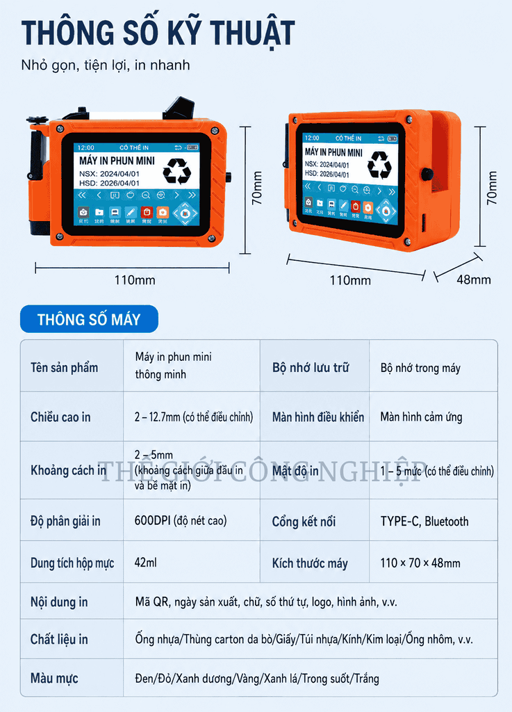 Máy In Phun Cầm Tay Mini – In Date, Số Lô, Mã QR, Số Seri Trên Nắp Chai Và Bề Mặt Cong