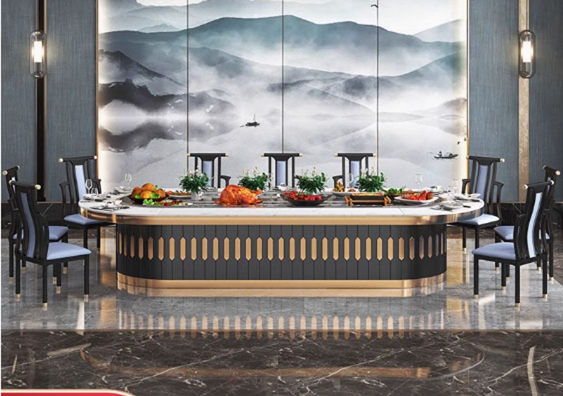 Bàn Ăn Điện Mặt Đá Hình Bầu Dục Với Băng Tải Xoay Tự Động Mặt Bàn Có Thể Gắn Bếp Từ Lẩu