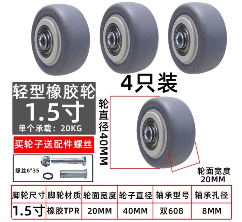 Bánh xe đơn PU/Nylon/Cao su kích thước 1.5, 2, 3, 6, 8 inch