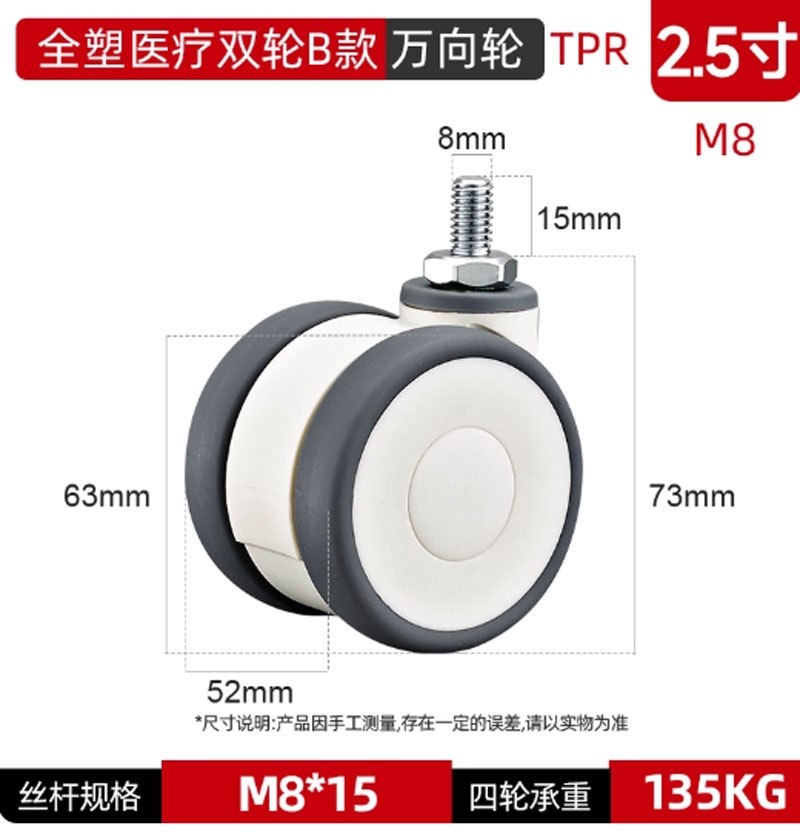 Bánh xe y tế đôi bằng nhựa toàn phần 3/4/5 inch – xoay 360°, cọc vít, chạy êm, dùng cho thiết bị y tế