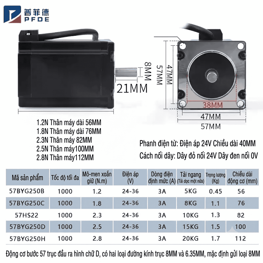Bộ Kit Động Cơ Bước Pfide 57 Mô-men Xoắn Cao 1.2N/1.8N/2.3/2.8N/3.6N