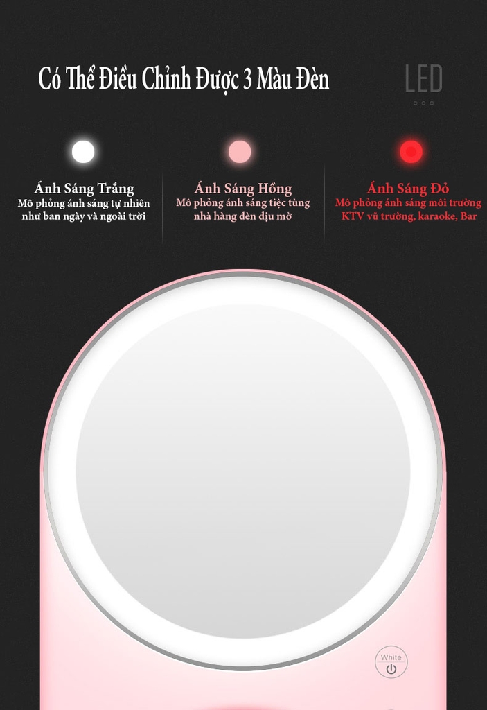 Gương trang điểm mini kèm 3 màu ánh sáng LED mô phỏng ánh sáng tự nhiên