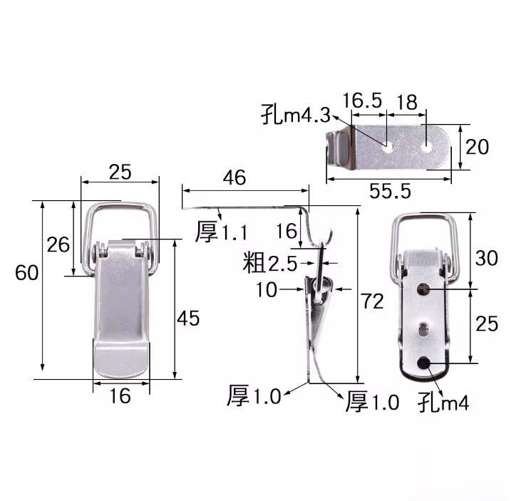 Khóa kẹp bật gài góc 90 độ Dài 60 , 75, 90