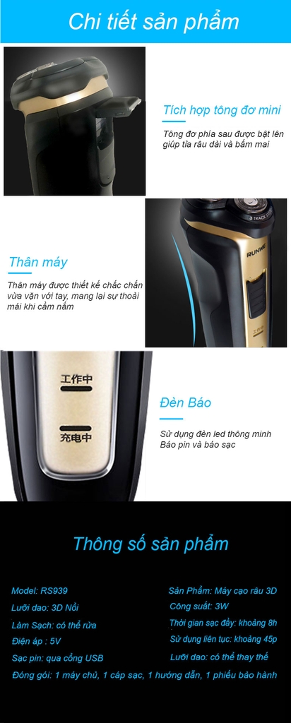 Máy cạo râu  Runwe RS939 râu đa năng cao cấp chống nước toàn thân