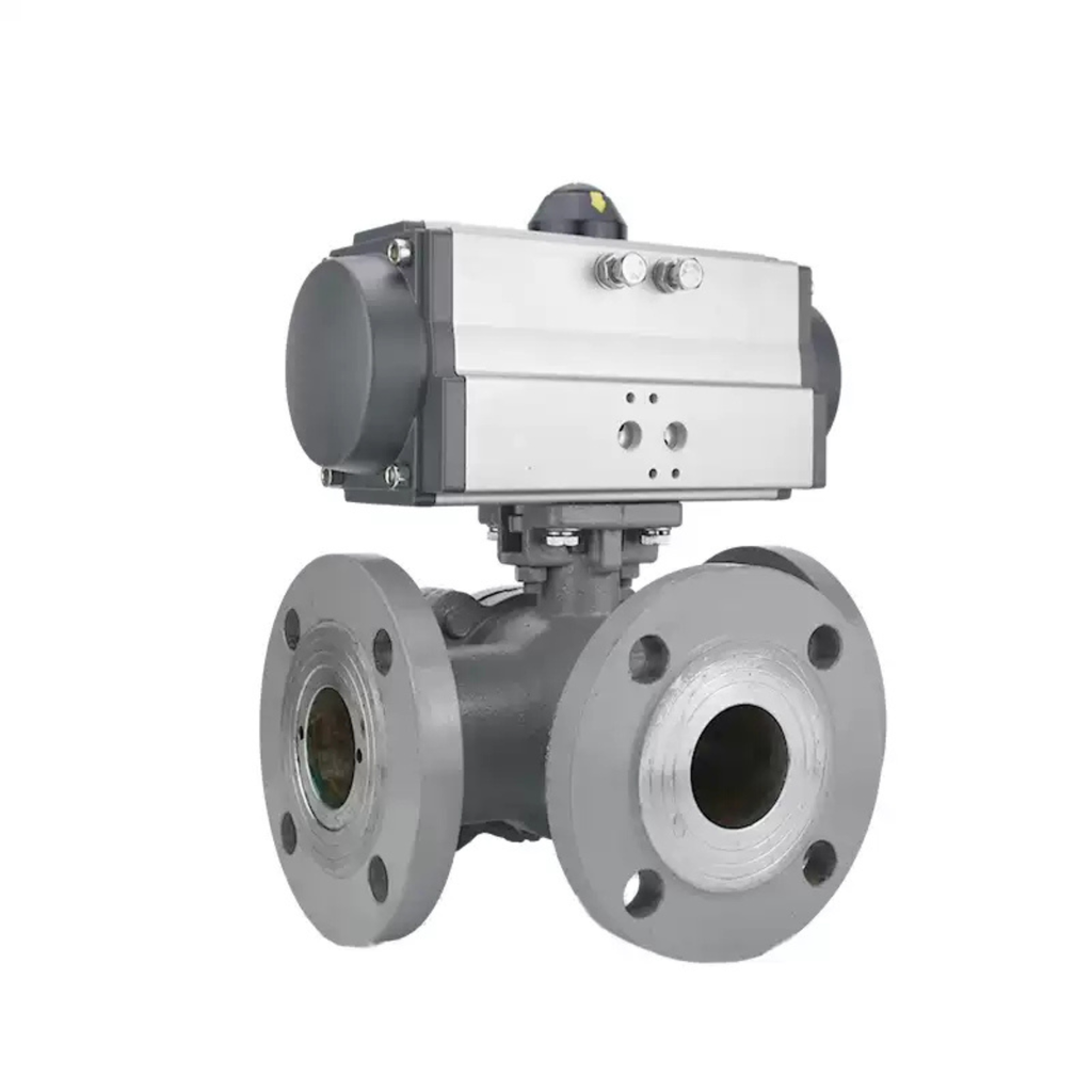 Van Bi Mặt Bích Ba Chiều Khí Nén Q644/5F Kiểu Bệ Cao L/T
