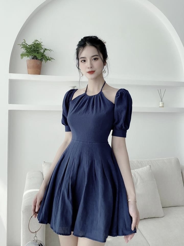 Giá ~ Váy Liền Thân Jean Tay Ngắn Màu Xanh Lam Nữ Váy Kiểu Ngắn Thường Ngày  Choàng Vai Kẻ Sọc - MixASale