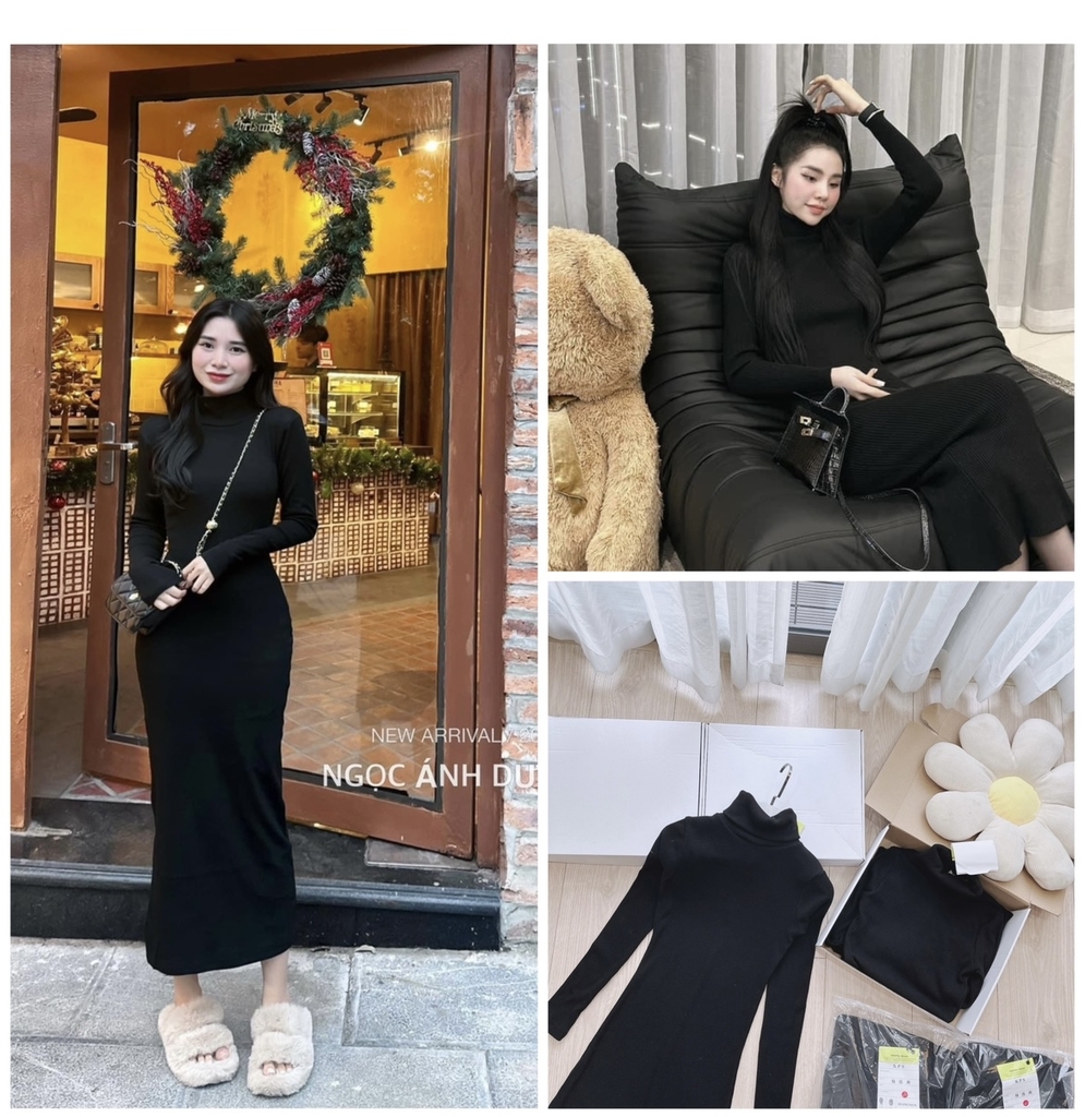 Đầm len suông nữ màu trắng be đen nâu váy len bầu phom rộng dài tay cổ tròn  cao 3 phân cổ lọ xu hướng thời trang Hàn | Shopee Việt Nam