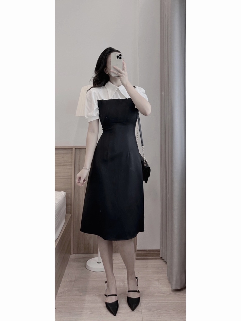 Đầm ôm trắng phối đen tay dài khoét đùi sexy - DN27 - AloraShop21