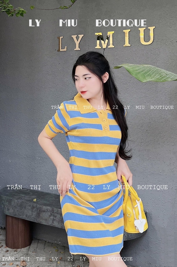 Đầm len kẻ vàng xanh Quảng Châu dáng dài 90cm