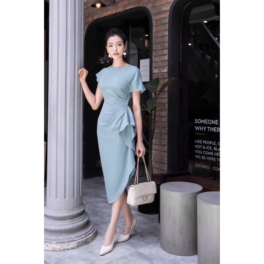 BELY  V761  Váy đầm 7 mảnh xòe silk lạnh thiết kế choàng vai  Xanh mint  Hồng pastel  Bely  Thời trang cao cấp Bely