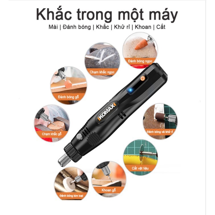 Dụng cụ KOMAX máy điêu khắc Mini cầm tay không dây Mài cắt khoan đánh bóng động cơ mạnh mẽ