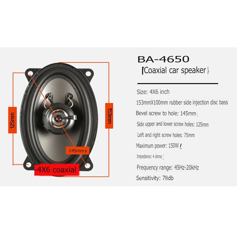 Cặp Loa Bầu Dục 4x6 inch (10 x 16 cm) Đồng Trục 3 Đường Tiếng 150W BA-4650 70Hz-20KHz 3-Way Audio Stereo Coaxial
