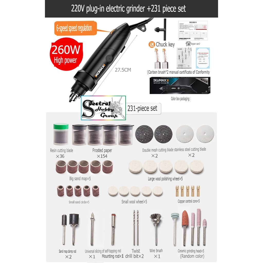 Dụng cụ KOMAX máy khoan cưa cắt mài thẳng cầm tay 260W Electric Grinder Straight Drill Brush 220v