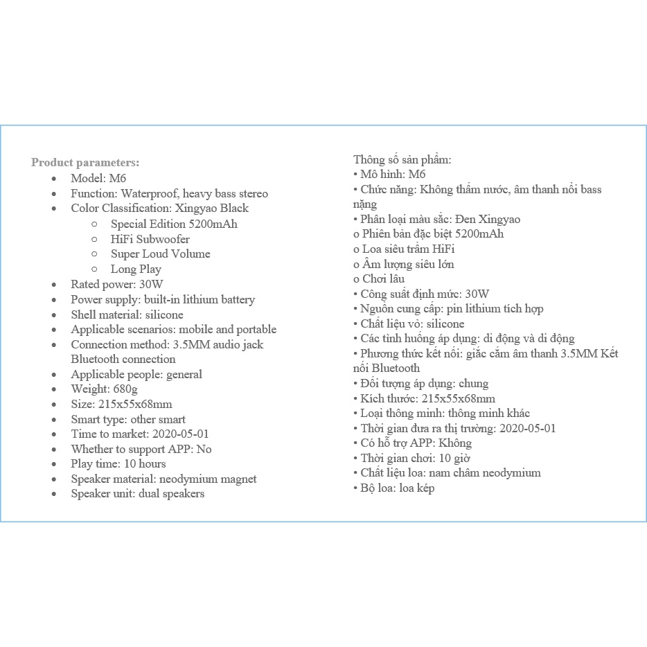 Loa Bluetooth Không Dây German Bogasing M6 3D Heavy Extra Bass Âm Thanh Chất Lượng 30W chống nước TWS Dual Connect