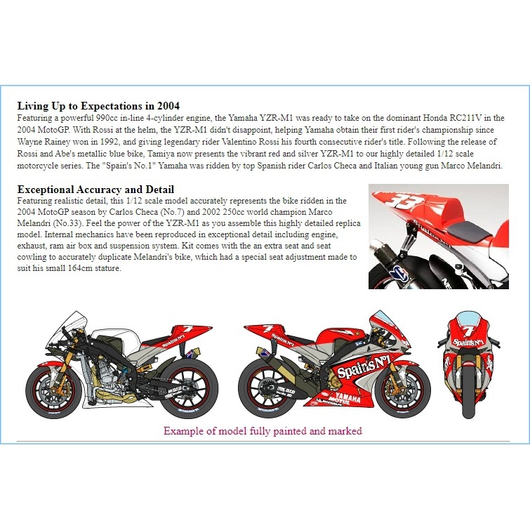 Mô hình lắp ráp Tamiya 1/12 Yamaha YZR-M1 04 No7/No.33 Motorcycle