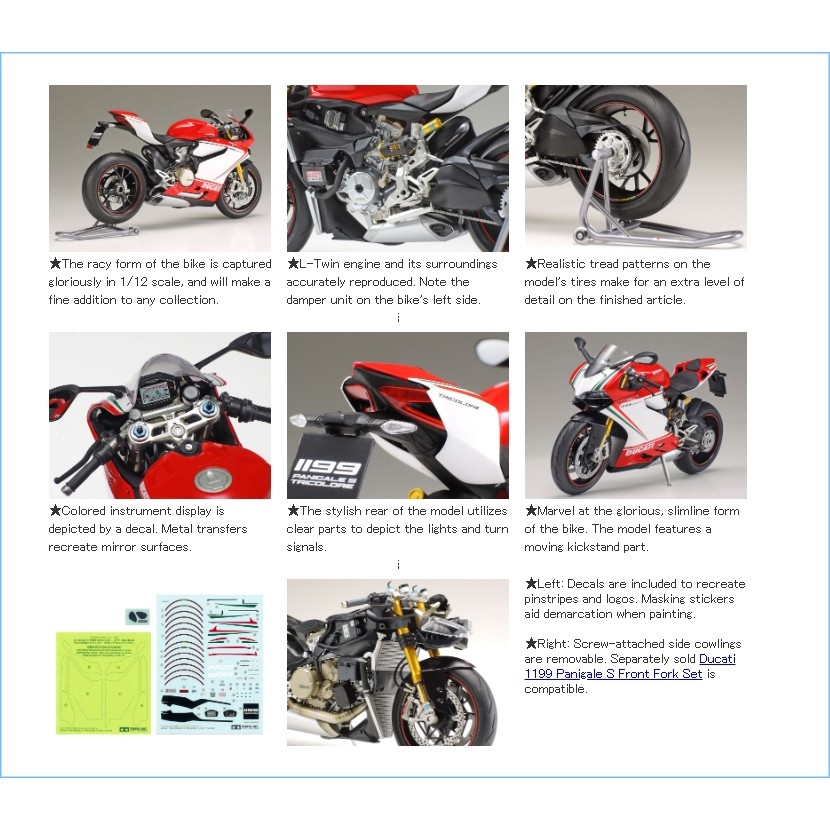 Mô hình lắp ráp Moto Tamiya 1/12 Motorcycle Series Ducati 1199 Panigale S Tricolore