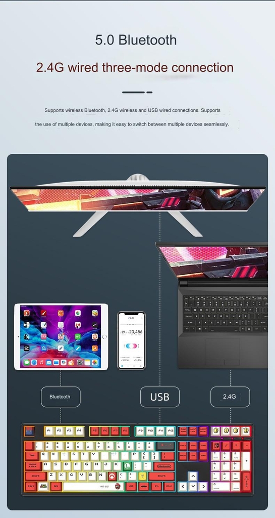 Bàn phím cơ Genshin có dây / không dây Bluetooth three-mode mechanical keyboard Shaft RGB light