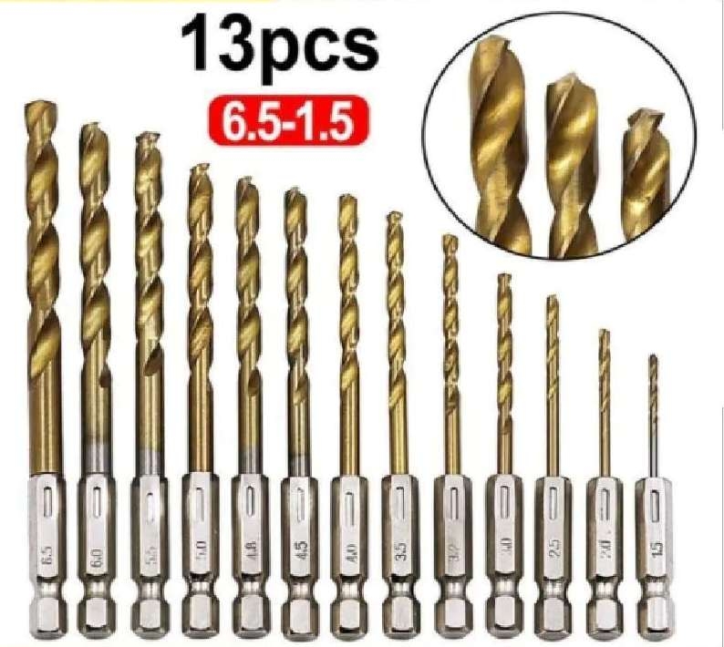 Bộ Set 13 mũi khoan gỗ nhôm mica nhựa tốc độ cao bằng thép TITAN 1.5 - 6.5mm HSS chuôi lục