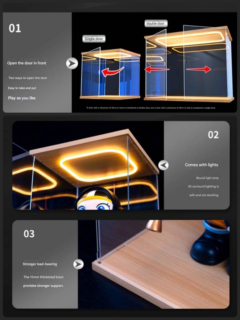 Hộp MICA Guweiti trưng bày mô hình với led trần có cửa mở - display box with light openable door