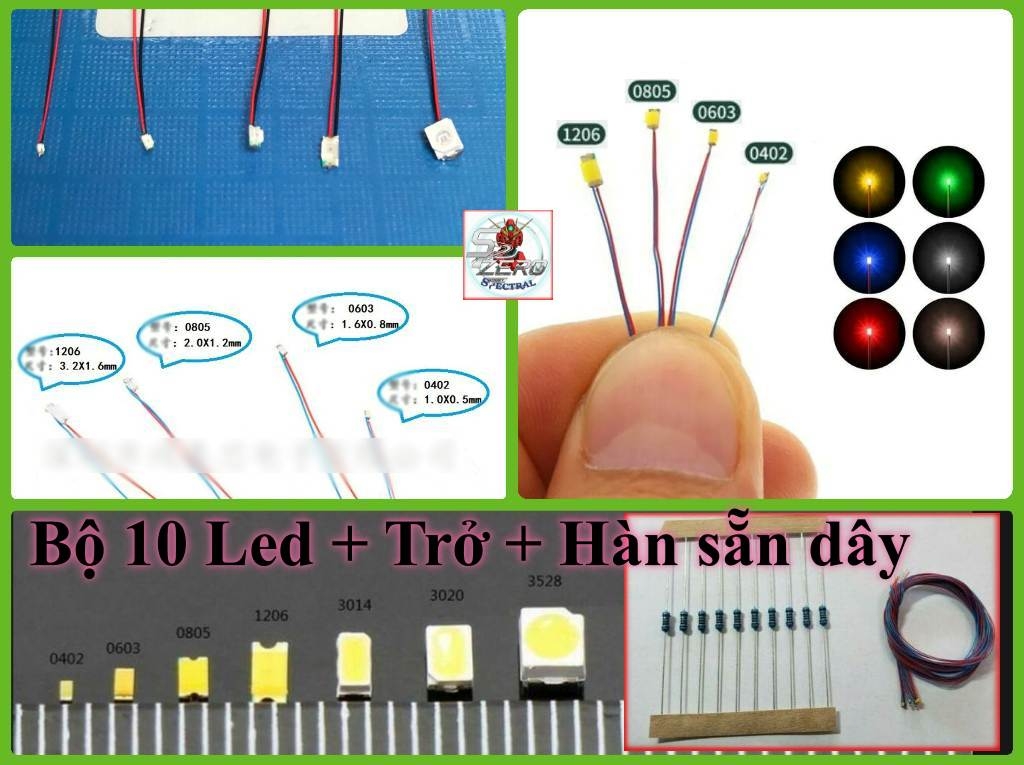 Bộ 10 Led SMD mini siêu nhỏ đấu sẵn dây kèm trở  0805 0603 0402 (3-5v) DIY độ mô hình gundam lego figure