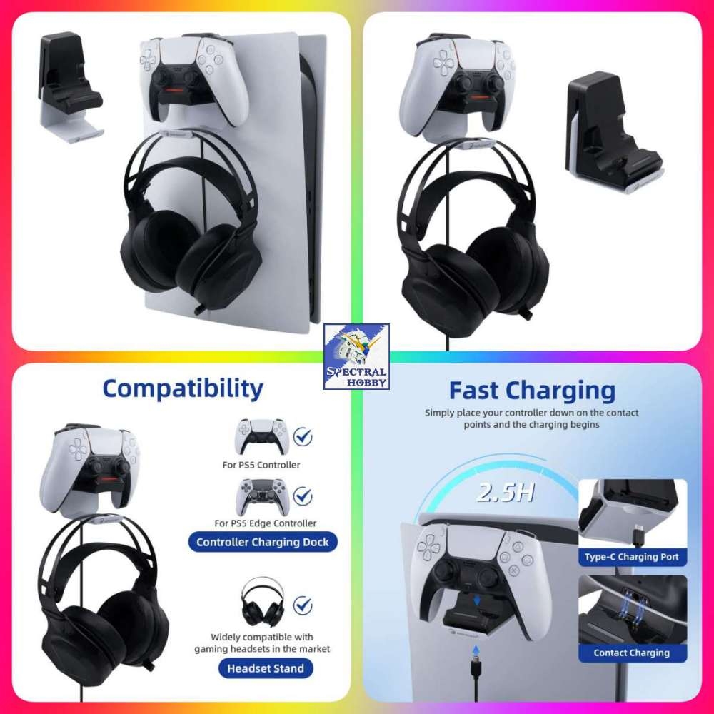 Đế dock sạc tay game PS5 kèm giá để tai nghe Controller Charger With Retractable Headphone Hook Hanging HONCAM