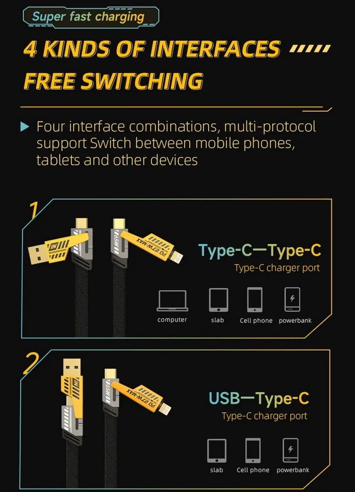 Dây sạc nhanh 4in1 Data Cable Multi-Functional Type-C Lightning PD 65W PD Fast Charging iPhone Android