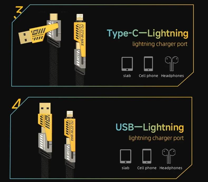 Dây sạc nhanh 4in1 Data Cable Multi-Functional Type-C Lightning PD 65W PD Fast Charging iPhone Android