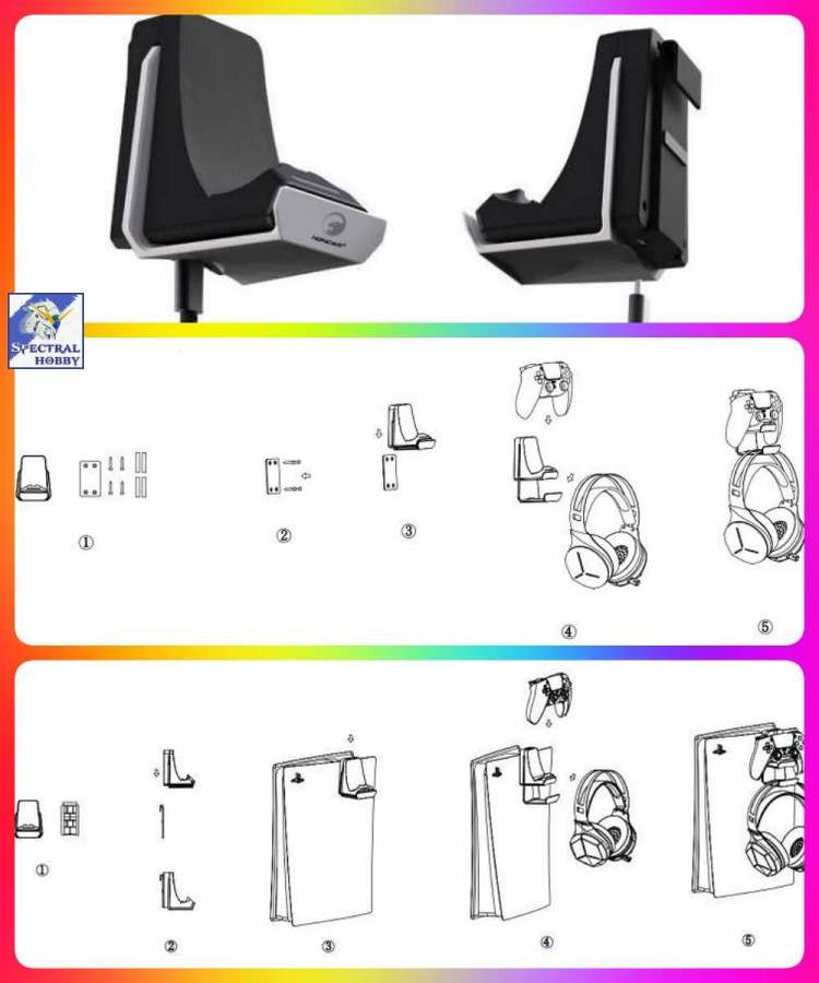 Đế dock sạc tay game PS5 kèm giá để tai nghe Controller Charger With Retractable Headphone Hook Hanging HONCAM