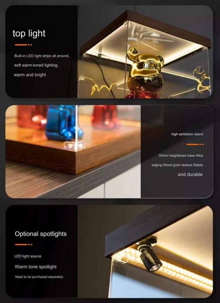 Hộp MICA Guweiti trưng bày mô hình display box kèm dải led trần vân gỗ - Black - White