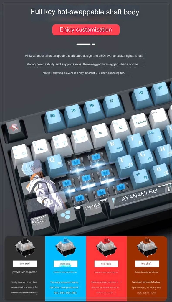 Bản sao của Bàn phím cơ EVA Neon Genesis Evangelion Rei có dây / không dây Bluetooth mechanical keyboard RGB light