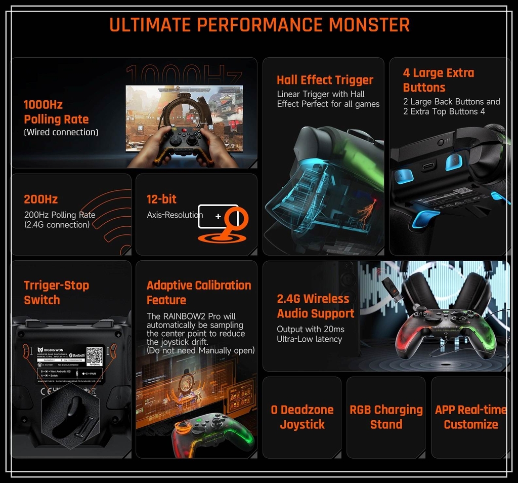 Tay cầm chơi game không dây BIGBIG Won Rainbow 2 Pro RGB Light Wireless 2.4G Bluetooth cho PC iOS Android Switch