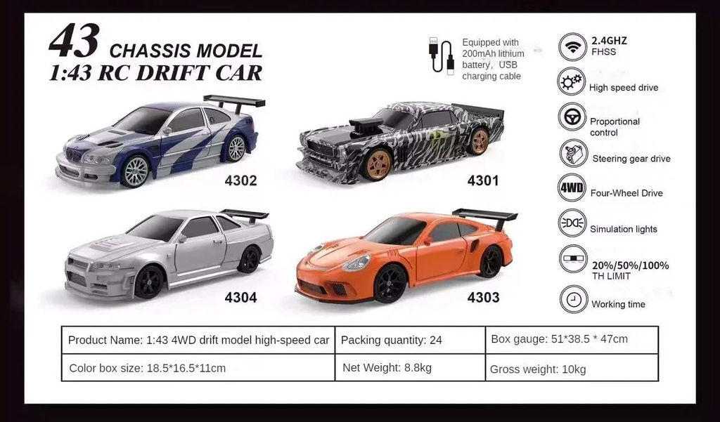 Ô tô điều khiển RC Car Drift 1/43 Chassis model mini racing 2.4G 4WD remote controld JIABAILE