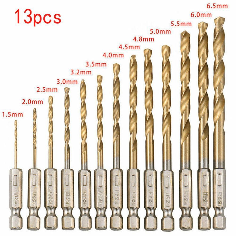 Bộ Set 13 mũi khoan gỗ nhôm mica nhựa tốc độ cao bằng thép TITAN 1.5 - 6.5mm HSS chuôi lục