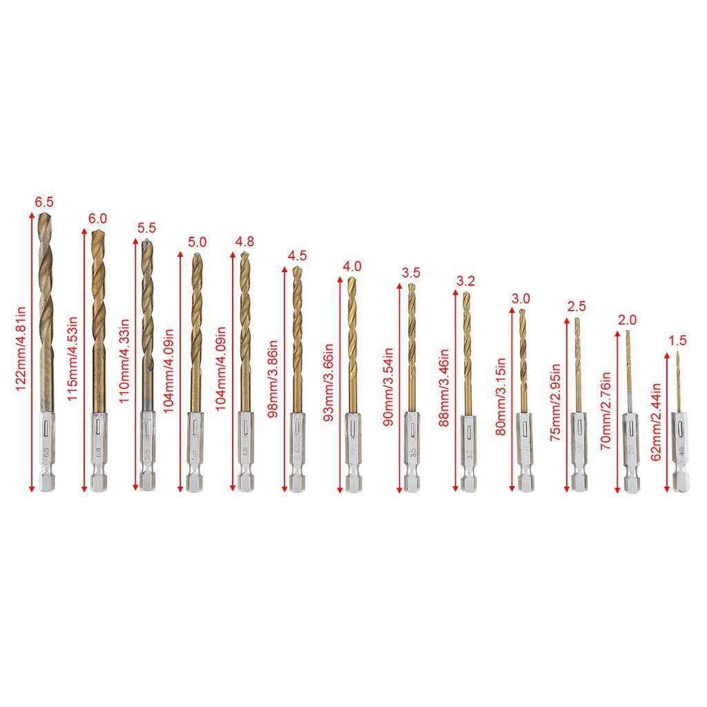 Bộ Set 13 mũi khoan gỗ nhôm mica nhựa tốc độ cao bằng thép TITAN 1.5 - 6.5mm HSS chuôi lục
