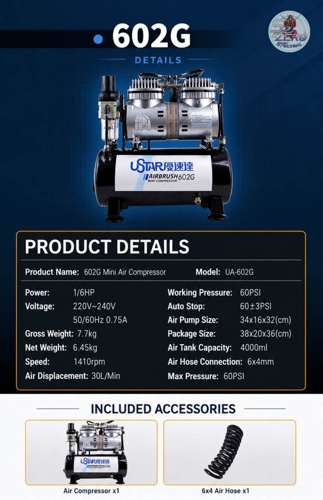 Máy nén khí máy sơn siêu êm Ustar 601G 602G - Air Compressor Airbrush
