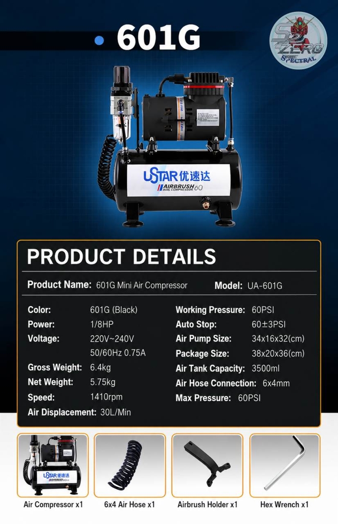 Máy nén khí máy sơn siêu êm Ustar 601G 602G - Air Compressor Airbrush