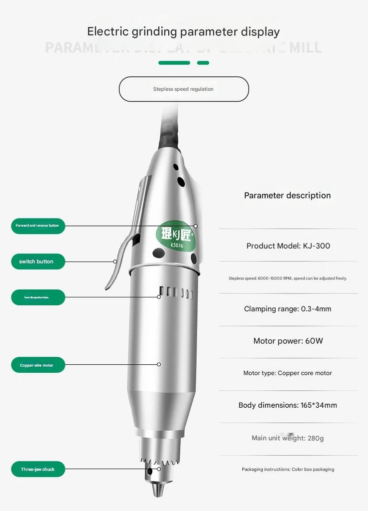 Máy khoan mài điêu khắc đánh bóng cầm tay đảo chiều Mini KJ300 KUN JIANG Electric Drill Grinder Multi-Function