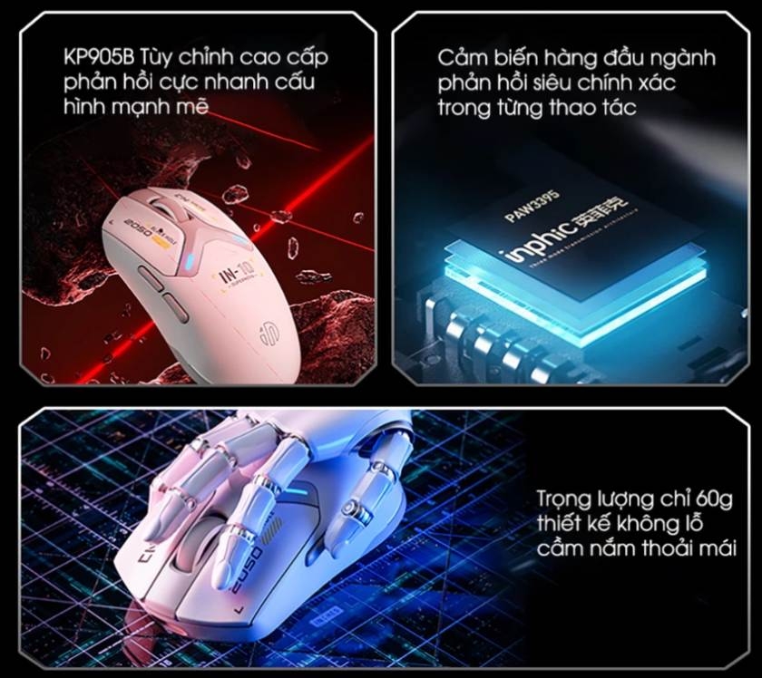 Chuột không dây gaming INPHIC IN10 bluetooth 3 mode cảm biến PAW3395 8000hz led RGB wireless 2.4g