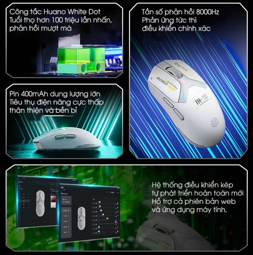 Chuột không dây gaming INPHIC IN10 bluetooth 3 mode cảm biến PAW3395 8000hz led RGB wireless 2.4g