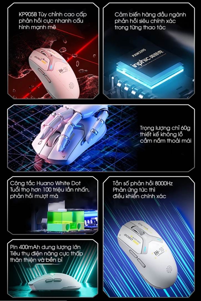 Chuột không dây gaming INPHIC IN10 bluetooth 3 mode cảm biến PAW3395 8000hz led RGB wireless 2.4g