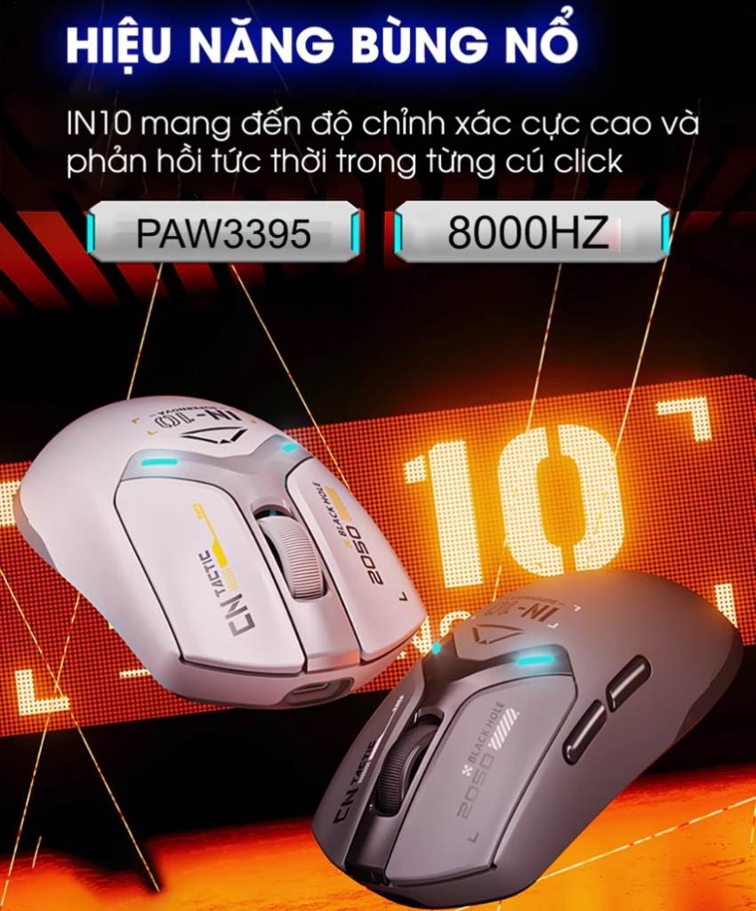 Chuột không dây gaming INPHIC IN10 bluetooth 3 mode cảm biến PAW3395 8000hz led RGB wireless 2.4g