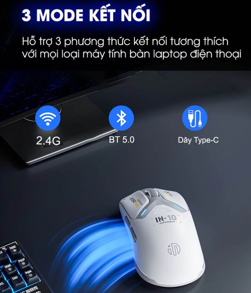 Chuột không dây gaming INPHIC IN10 bluetooth 3 mode cảm biến PAW3395 8000hz led RGB wireless 2.4g