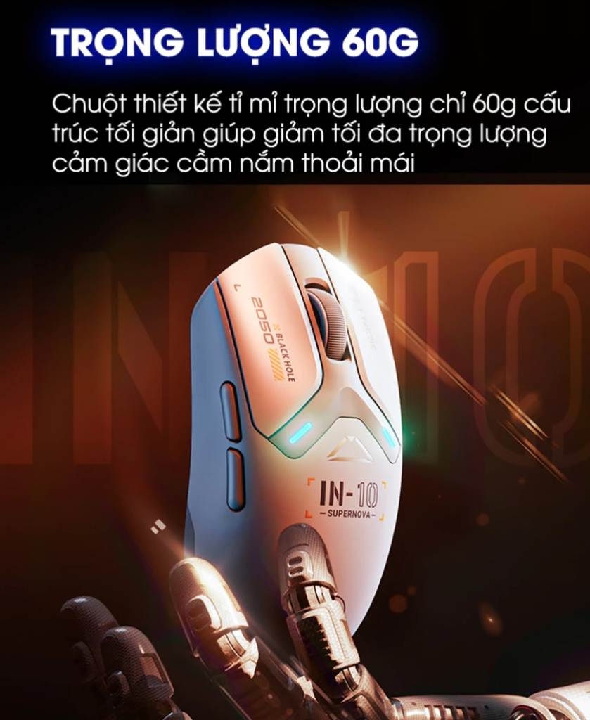 Chuột không dây gaming INPHIC IN10 bluetooth 3 mode cảm biến PAW3395 8000hz led RGB wireless 2.4g