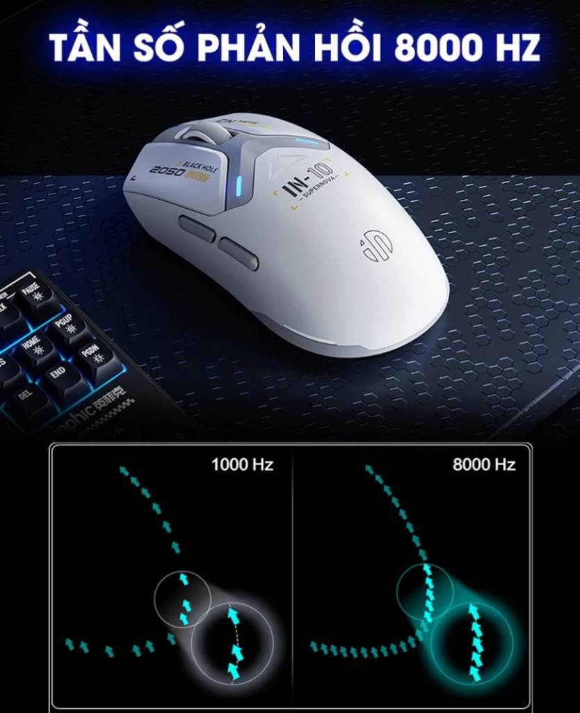 Chuột không dây gaming INPHIC IN10 bluetooth 3 mode cảm biến PAW3395 8000hz led RGB wireless 2.4g