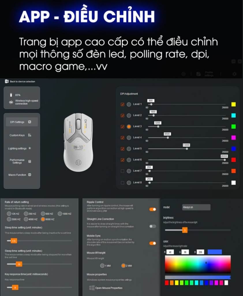Chuột không dây gaming INPHIC IN10 bluetooth 3 mode cảm biến PAW3395 8000hz led RGB wireless 2.4g