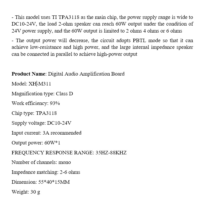 Mạch khuếch đại âm thanh mono 60W TPA3118 60W (XH-M311 / M313) Audio Amplification Board